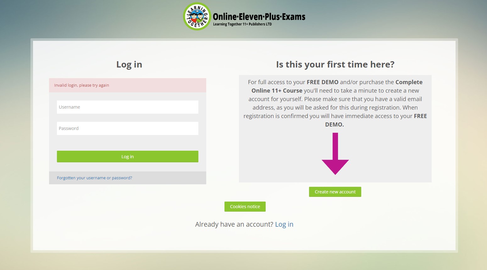 Login screen